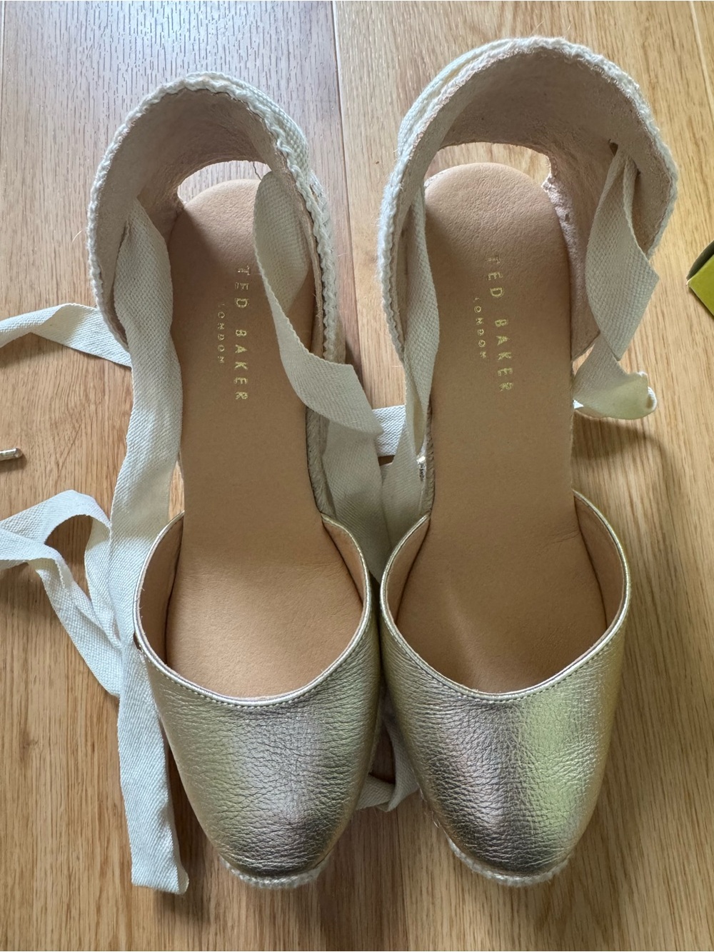 Ted Baker Gold Metallic Espadrille Wedge Ankle Tie Sandals - Picture 3 of 5